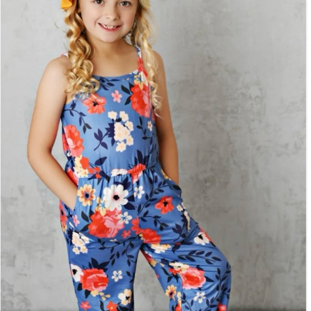 Oopsie Daisy Girls Blue and Red Floral Jumpsuit